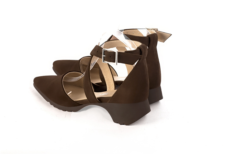 Dark brown women's open side shoes, with crossed straps.. Rear view - Florence KOOIJMAN